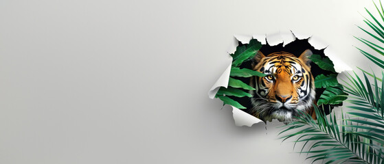 An intense gaze from a tiger looking through a paper-like rip, flanked by greenery on a clean background
