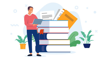 Self development student and books - Man with laptop computer standing doing course or school work. Education and knowledge concept in flat design vector illustration with white background