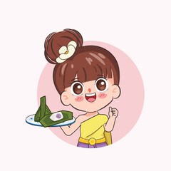 Beautiful Thai woman wearing Thai Traditional dress presenting Kanom Thai dessert with Kanom Sai sai. Chibi cartoon doodle vector design.