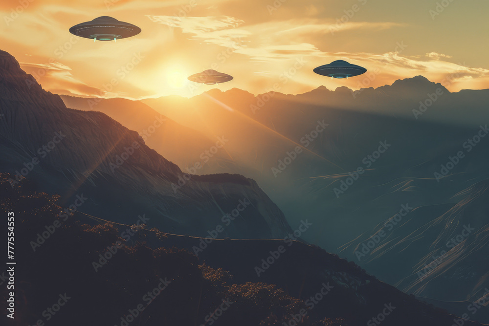 Poster Three alien spaceships flying over a mountain range at sunset