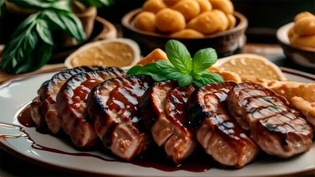 Sliced duck breast drizzled with glaze, served with sides on a decorative plate, perfect for culinary photography