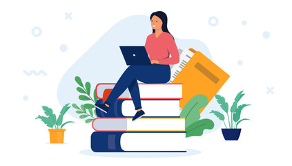 Woman student - Female person sitting with laptop computer on books studying, doing school work and taking online education alone. Flat design vector illustration with white background