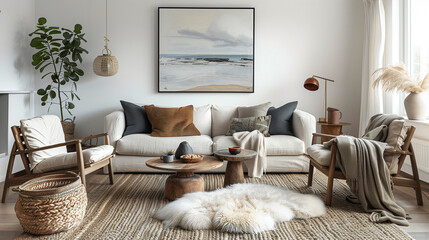Scandinavian living room, warm, cozy, natural materials, white, blue, and brown