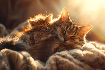Two cats are sleeping on a blanket