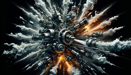 The image you imagined has been created It's a visually captivating scene that combines the beauty of nature with an explosion of fire and space, adorned with elements like glass, water, and light, al