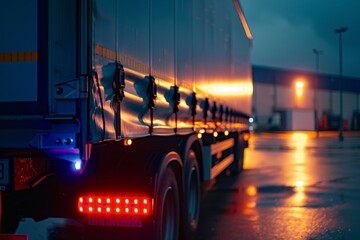 Illuminated truck tail lights on a wet evening at a cargo bay - obrazy, fototapety, plakaty