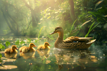 A mother duck and her three ducklings are swimming in a pond