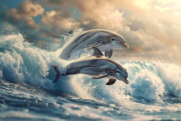 Two dolphins are jumping out of the water in a wave