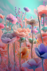 Looming flowers made of plush materials, knitted and embroidered, soft and fluffy, pastel colors, spring scene, romantic atmosphere - 777555374