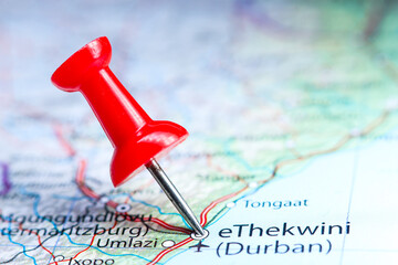 Durban, South Africa pin on map. eThekwini