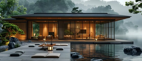 Traditional Japanese Living Room with Dark Furniture Overlooking a Mountain View. Concept Japanese Aesthetic, Dark Furniture, Mountain View, Traditional Living Room - obrazy, fototapety, plakaty