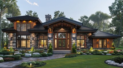 Fototapeta premium Exterior Ranch house styles boast low-pitched roofs, wide eaves, and simple, horizontal lines, embodying a casual and spacious charm. 