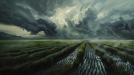 an image using AI that vividly captures the essence of a rice field standing tall amid a turbulent storm, emphasizing the contrast between the crops and the menacing clouds attractive look - obrazy, fototapety, plakaty