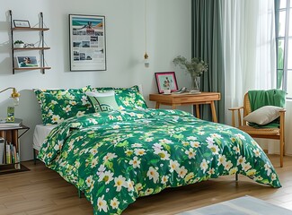 A vibrant green and white floral patterned duvet cover with yellow accents, placed in an elegant bedroom setting with wooden furniture