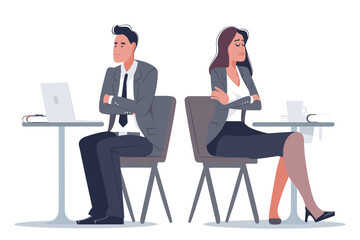 Businessman and businesswoman sitting awkwardly apart after office romance gone wrong, dealing with breakup and failed relationship - obrazy, fototapety, plakaty