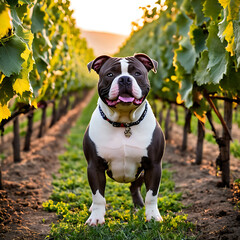 A Cool American Bully standing amidst a vineyard at sunset with rows of grapevines and rolling...