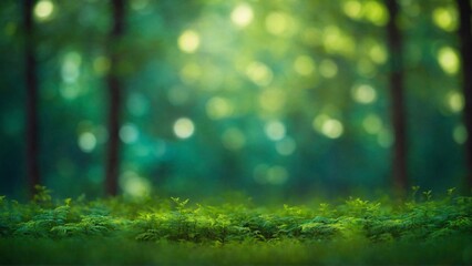 green grass with open copy space, forest bokeh and sunlight, a peaceful scene in nature