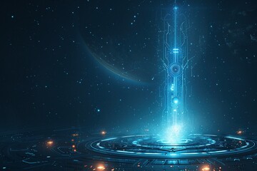 A vibrant, dark blue vector canvas featuring a glowing light beam piercing through a network of sleek, circular elements, reminiscent of sci-fi technology.