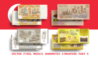 Vector set of pixel mosaic banknotes of Singapore. Collection of notes in denominations of 20 and 50 dollars. Obverse and reverse. Play money or flyers. Part 4