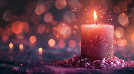 Red Glitter Candlelight with Sparkling Confetti, Romantic Bokeh Ambience