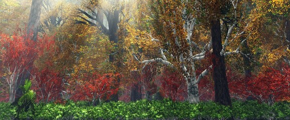 Beautiful park in rays of light, autumn forest in haze, 3D rendering