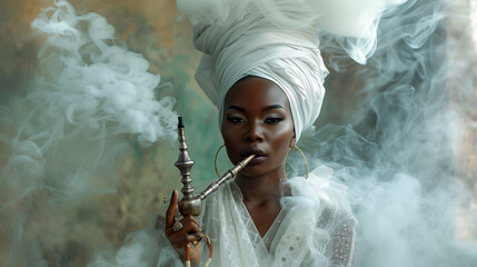 Elegant African Woman with White Turban Smoking Hookah, Ethereal Smoke Envelope