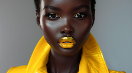 African American Woman with Golden Lipstick, Yellow Fashion Statement