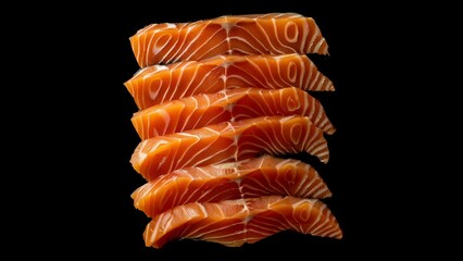 photo top view, 6 pieces sashimi salmon. black background 