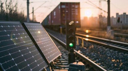 Eco-friendly solar panels powering a railway signal at sunset - obrazy, fototapety, plakaty
