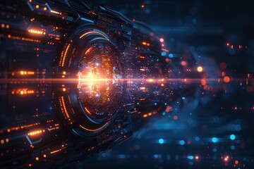 Fototapeta premium A dynamic vector illustration depicting a powerful light beam emanating from the center of a dark blue canvas, illuminating a constellation of futuristic, digital circles.