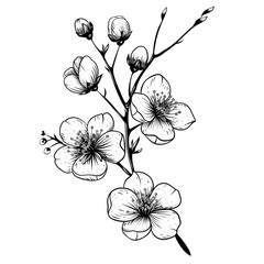 A hand drawing of a branch of sakura tree with a few flowers on it. Flower blossom
