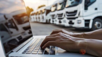 Close-up of hands typing on a laptop outdoors with trucks in the background
