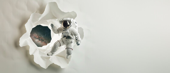 An astronaut in a spacesuit appears to break through a white wall into the cosmos, creating a sense of exploration and breakthrough
