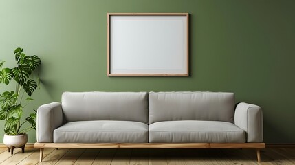 an aesthetically pleasing image of a modern living room with a green background, mockup frame, and an isolated sofa using AI attractive look