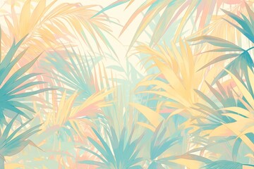 A digital illustration of palm trees in soft pastel colors, with an abstract background of peach and green hues