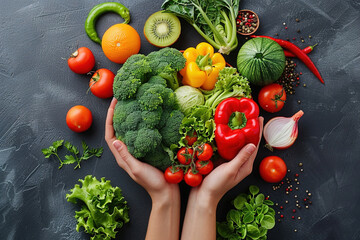 A close-up of hands holding vibrant organic vegetables, showcasing healthy eating habits and sustainable lifestyle choices, fresh produce.