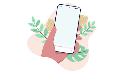 Phone in hand graphic - Vector illustration of human hand holding smartphone with blank white empty screen and foliage decoration behind in flat design with white background