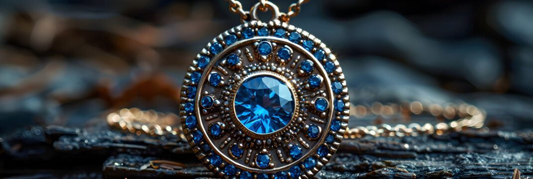 Chain 3D Image,
Circular charm embellished with blue gems
