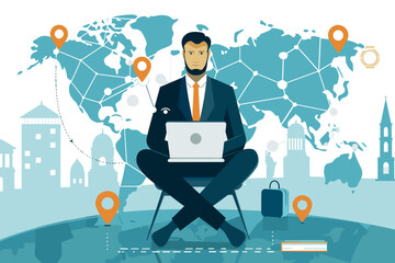 Businessman embracing workplace flexibility, working remotely on laptop from various locations for better work-life balance - obrazy, fototapety, plakaty