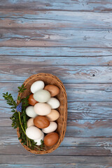 Wielkanoc, święta, jajka w koszyczku, naturalne, kolorowe, dekoracja, tło, kartka świąteczna - obrazy, fototapety, plakaty