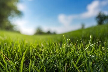 green grass and blue sky ,Grass Close Up Lush Green A Natural Background , versatile artificial green grass, beautiful scene of blur sky below greenery