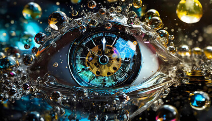 Reflective liquid chrome forming a woman's eye that looks like a clock to represent keeping your...