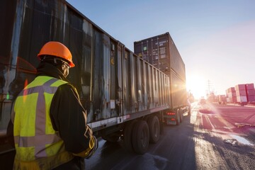 Truck driver watches sunrise during early morning logistics operations - obrazy, fototapety, plakaty