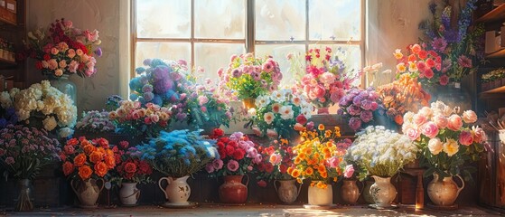 Fototapeta na wymiar Cheerful Flower Shop Bursting with Colorful Arrangements for Sale