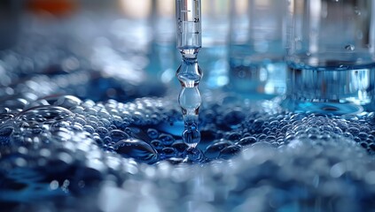 A closeup of a droplet of azure liquid falling into a glass sink. The fluid sparkles like electric blue under the font of the tap - obrazy, fototapety, plakaty