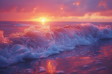 Sunset Hues Casting Warm Glow Over Serene Ocean Waves The fading light blurs into the calm sea