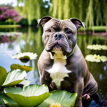 A Cool American Bully with a serene expression sitting beside a tranquil pond surrounded by weeping willow trees and water lili
