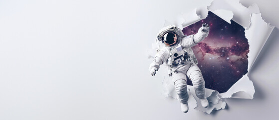 An astronaut in a spacesuit appears to break through a white paper barrier into the cosmos, symbolizing breakthrough and discovery