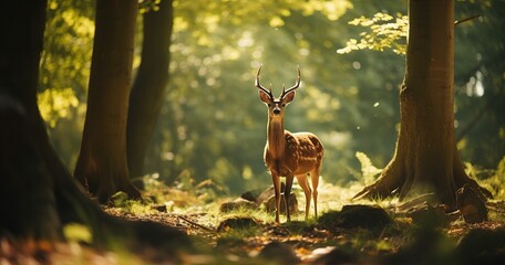 a beautiful nature shot in a forest, can see a dear looking back in the very very far distance - obrazy, fototapety, plakaty