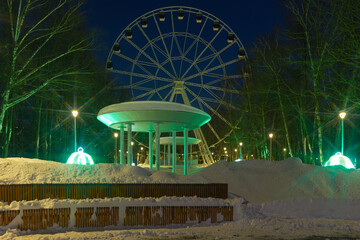 View of the unlit Ferris wheel against the background of the night sky in the park